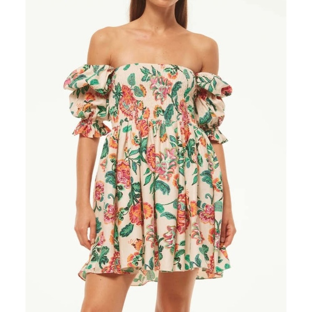 MISA Los Angeles Floral Smocked Mini Dress Off‎ Shoulder Linen Blend Cream  S